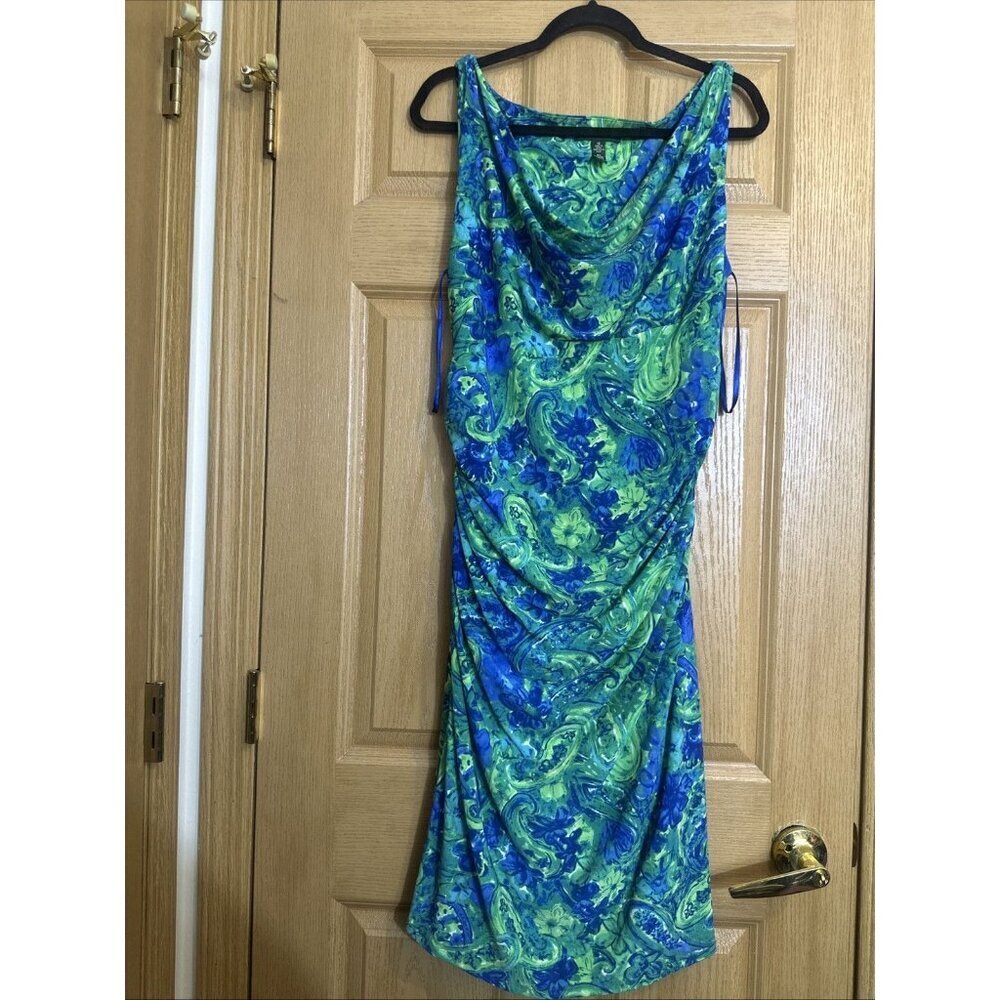 Lauren Ralph Lauren 16 Cowl Neck Ruched Dress Green Blue Paisley Floral